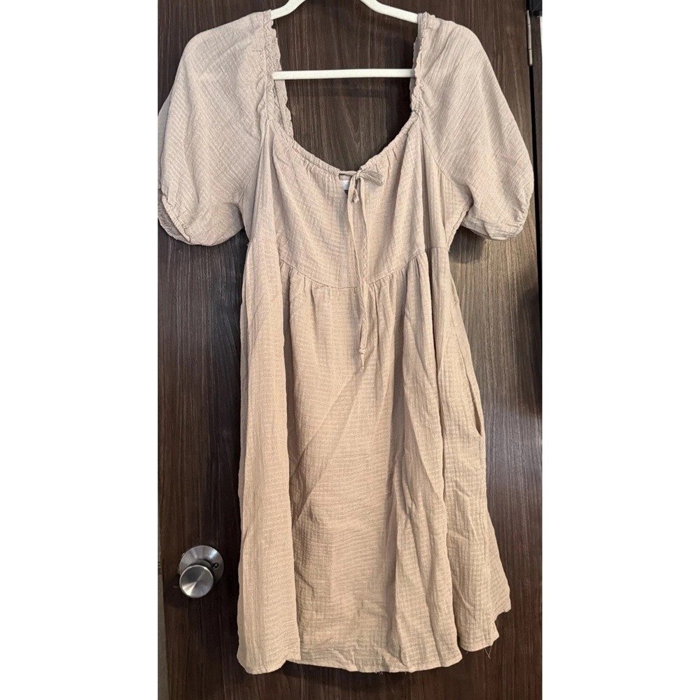 Lush Beige Baby Doll Boho Smocked  Square Neck Mini Dress Puff Sleeve Peasant  L